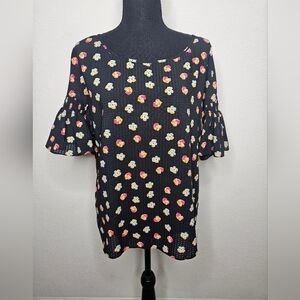 Armani Exchange Mixed Print Ditsy Floral Ruffle Sleeve Chiffon Scoopneck Blouse